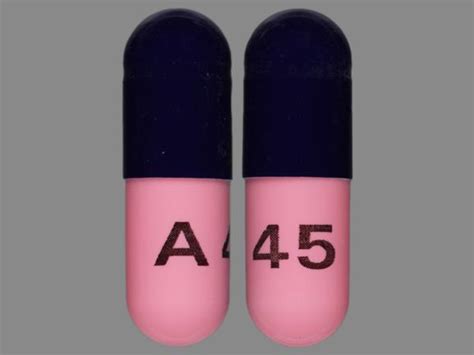 A45 pill pink and blue - 250 mg Capsule are blue/pink size “1” hard gelatin capsule filled with white to off white granular powder and imprinted with “A44” on pink body with black ink. 500 mg …